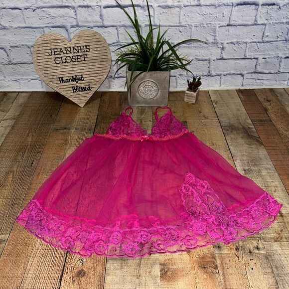 Fredericks of Hollywood pink sheer lace babydoll lingerie size 1X - Picture 8 of 11